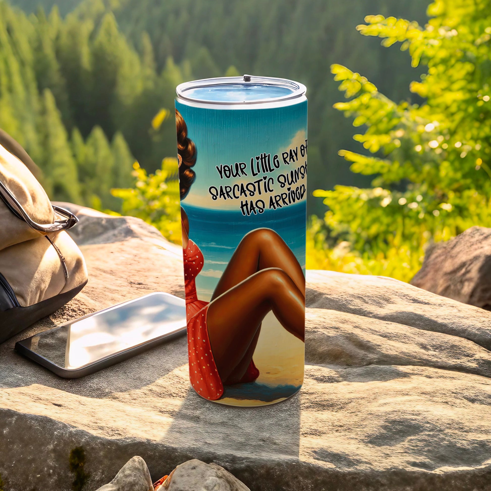 Tumbler with retro woman and "Your little ray of sarcastic sun has arrived" text.