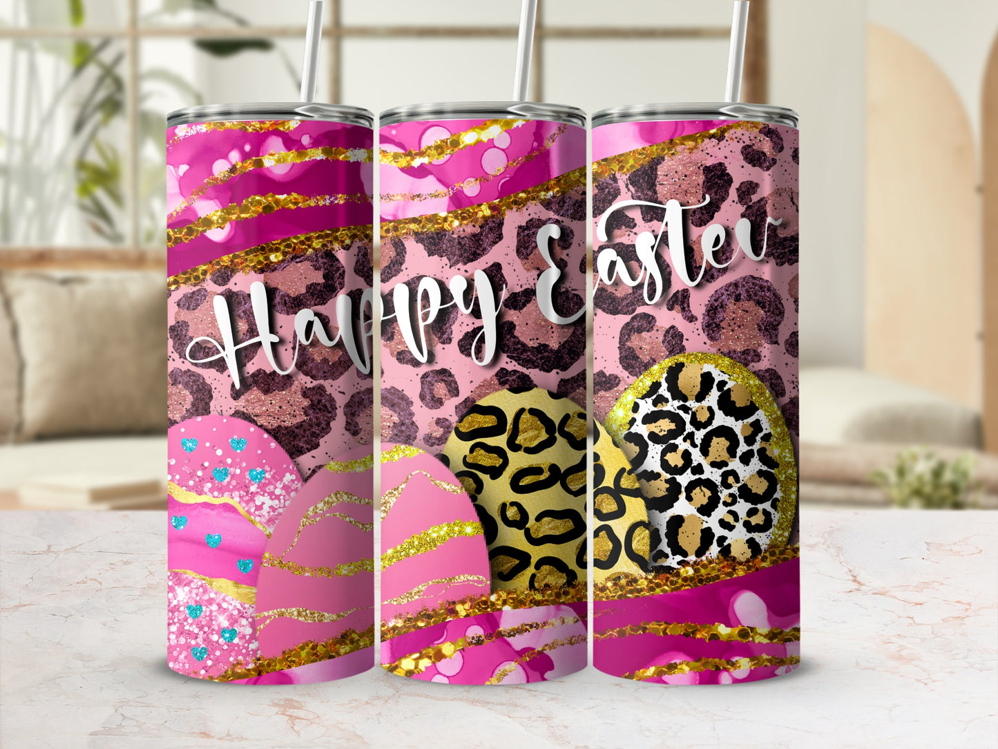 Pink tumbler with leopard print and Easter eggs.