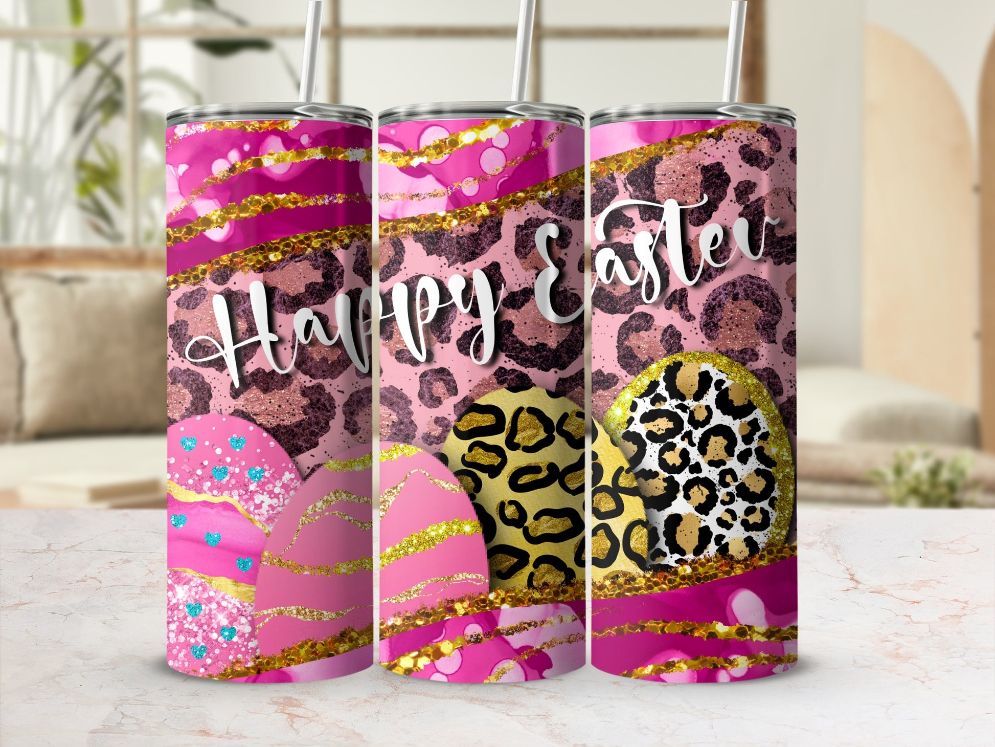 Pink tumbler with leopard print and Easter eggs.