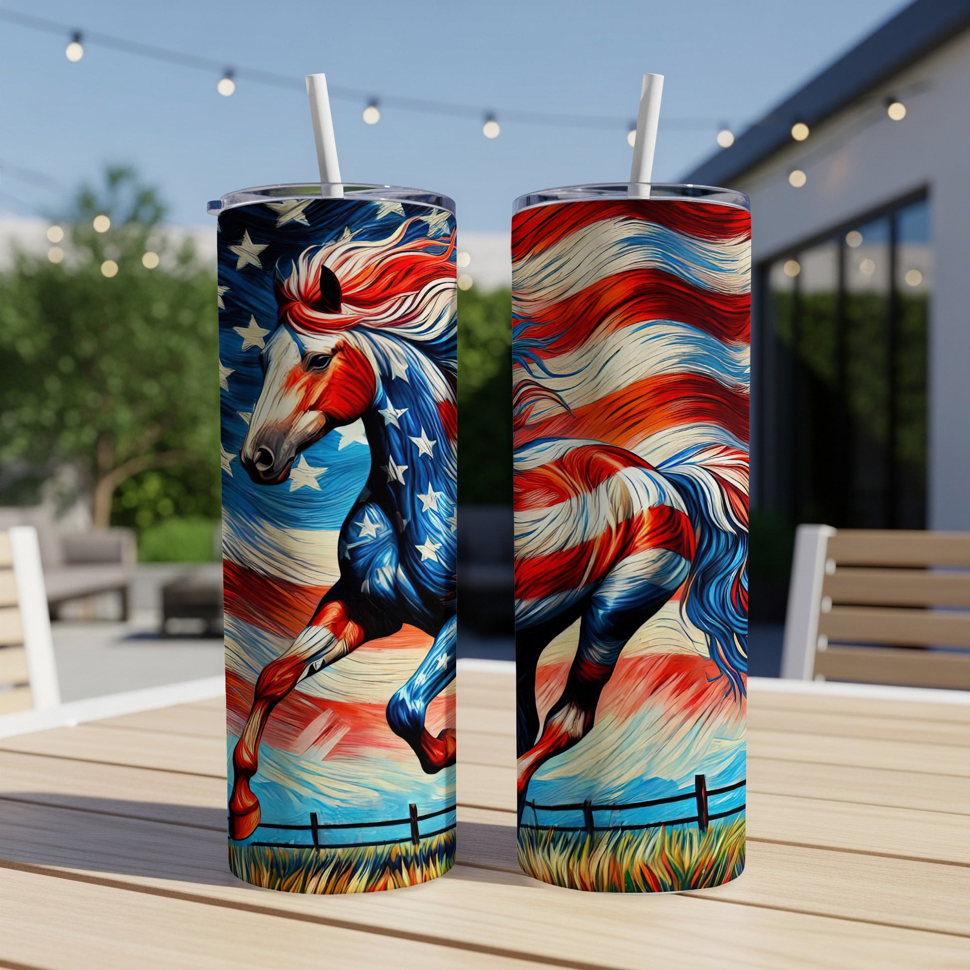 Horse with American flag design on two tumblers, outdoors.