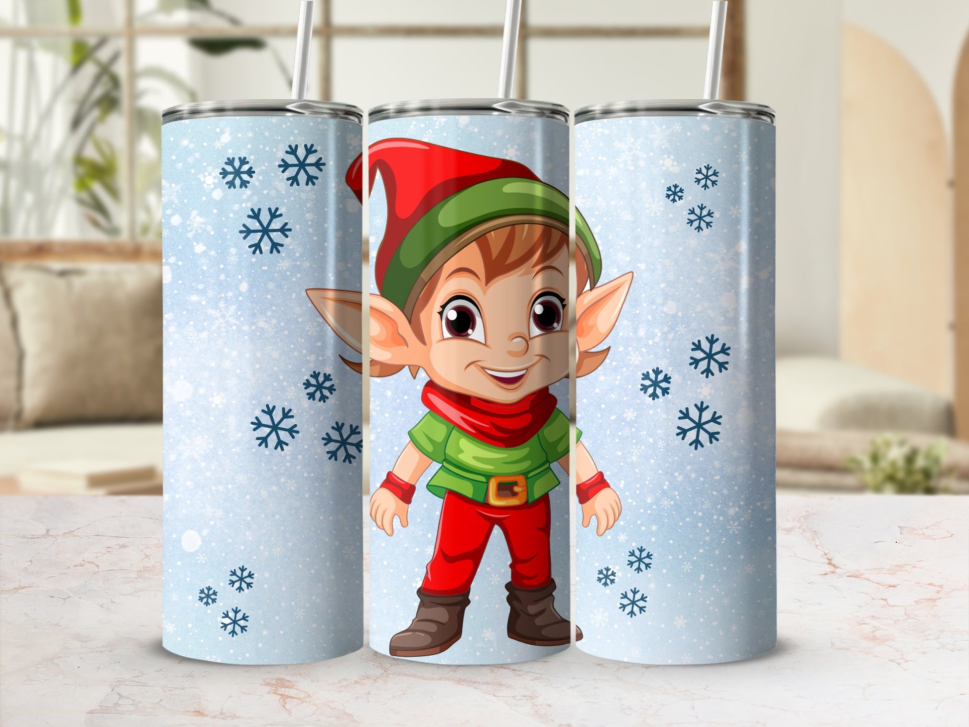 Christmas Cartoon Elf and Snowflakes Holiday Tumbler