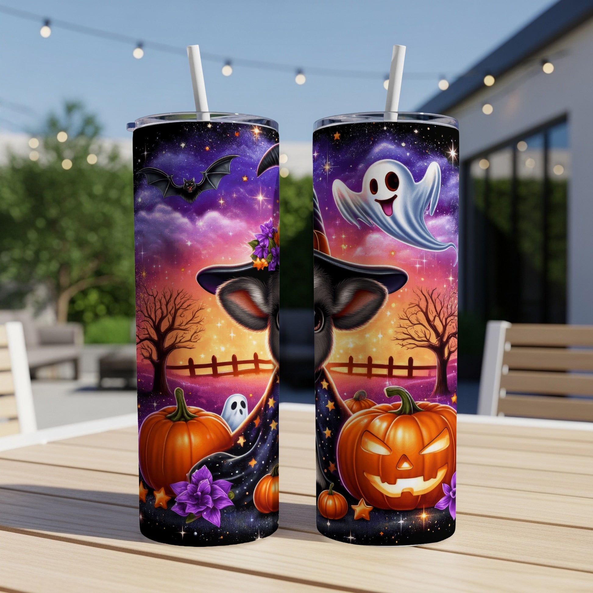 Two Halloween-themed tumblers with spooky graphics on a table.