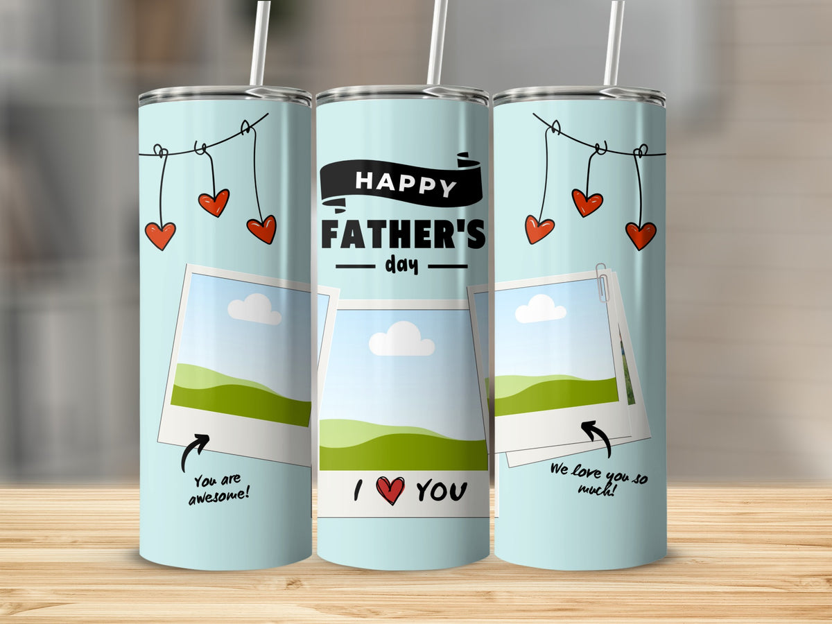 Light blue tumblers with "Happy Father's Day" and hearts.
