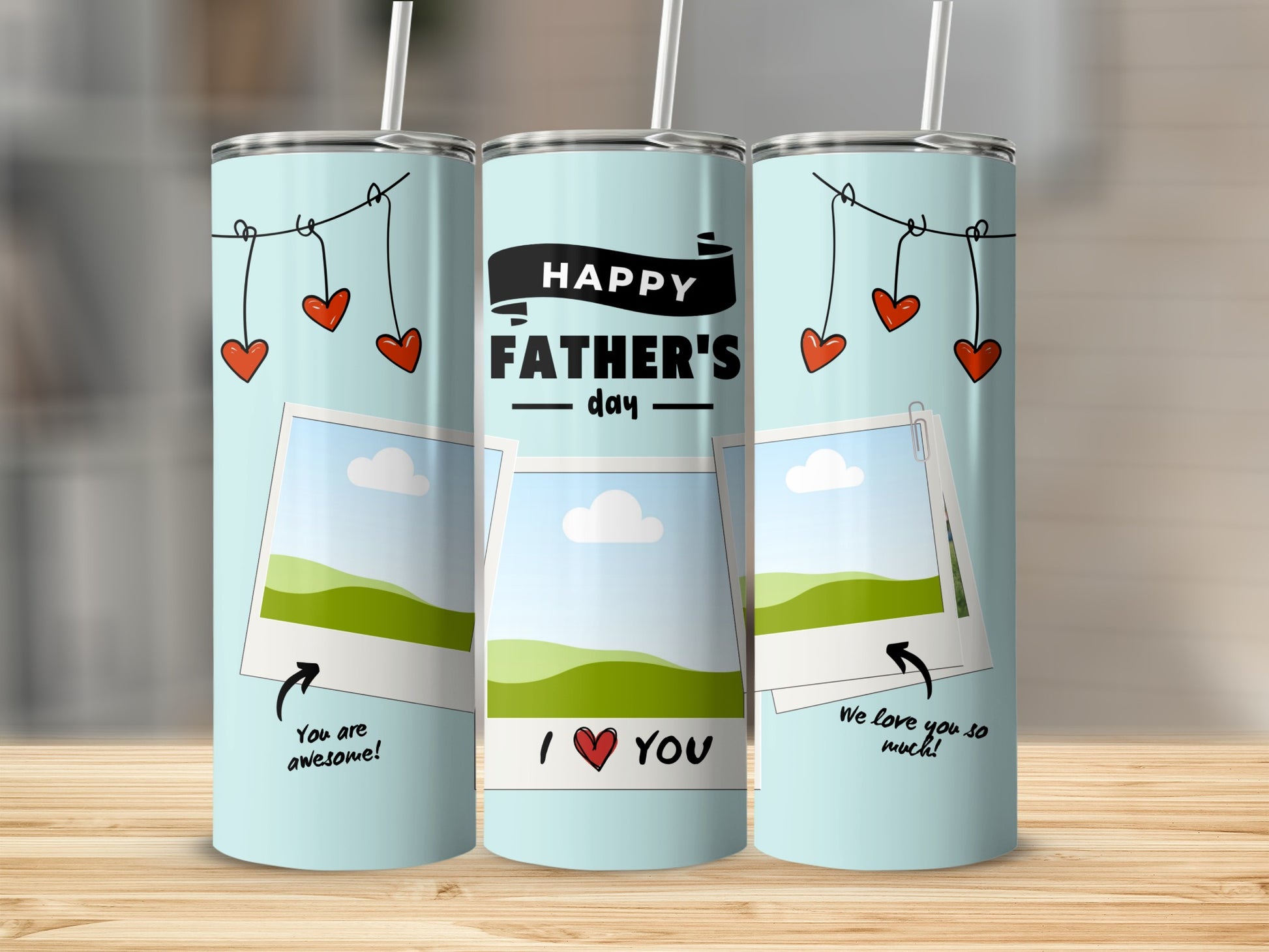 Light blue tumblers with "Happy Father's Day" and hearts.