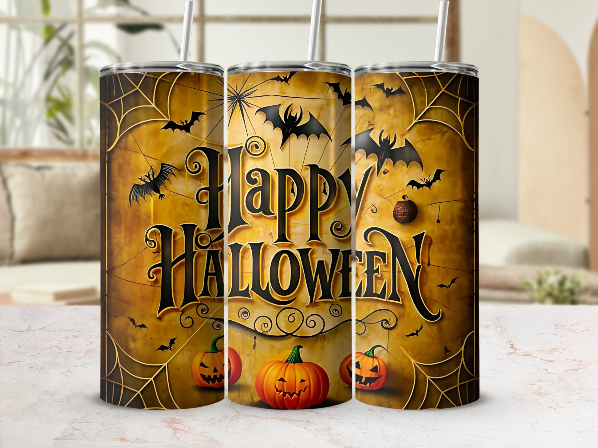 Three tumblers with a "Happy Halloween" design featuring bats, pumpkins, and cobwebs.