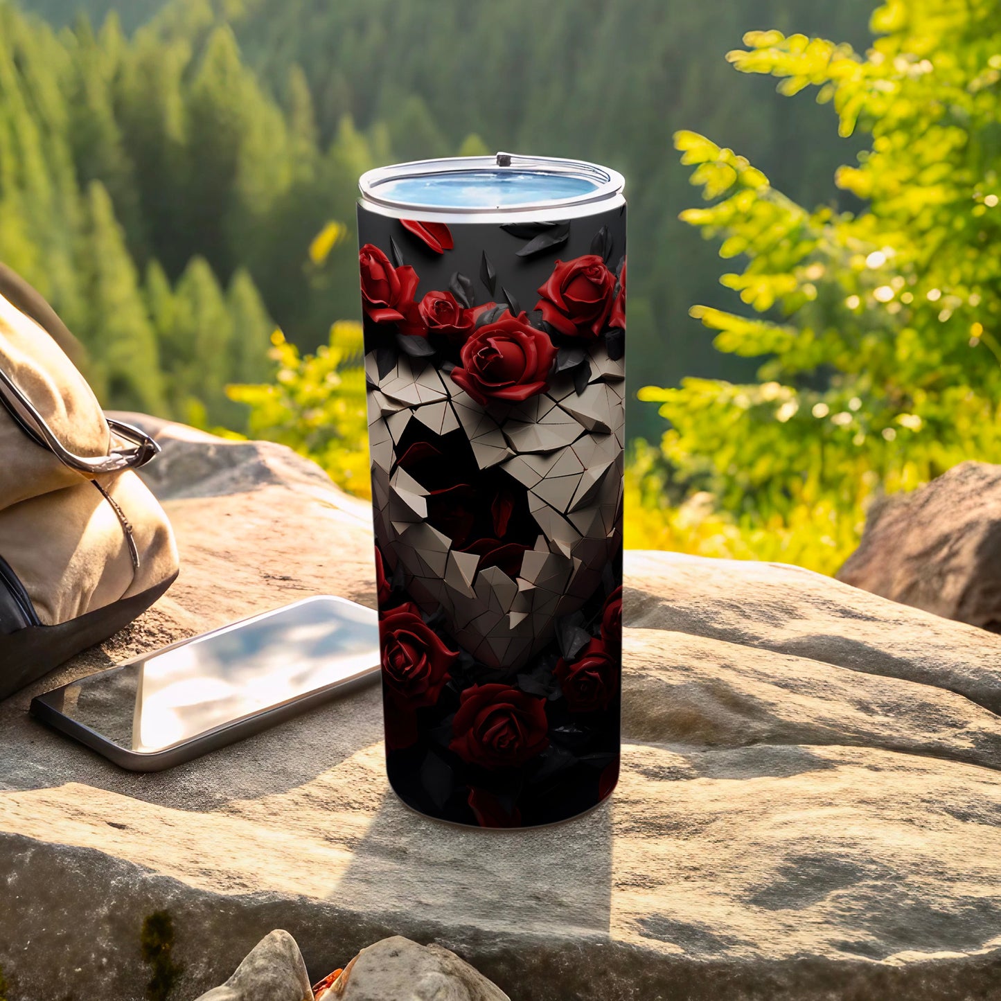 Geometric Heart with Red Roses Design tumbler