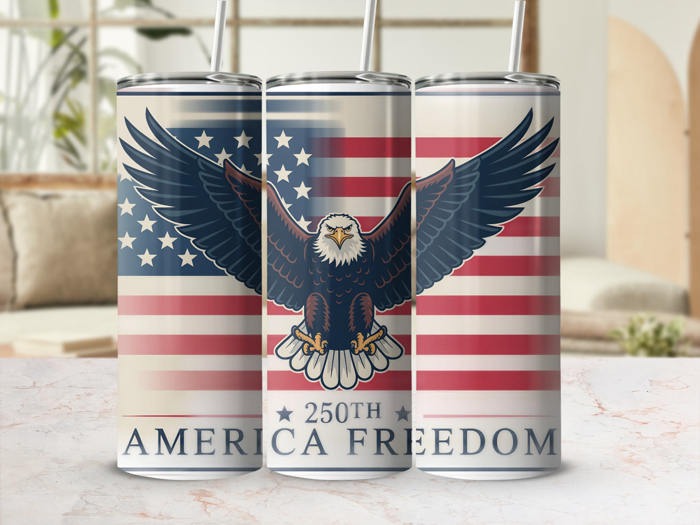 American flag tumbler with eagle and "America Freedom" text.