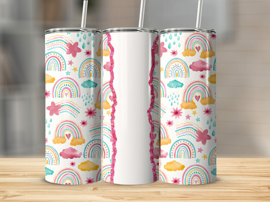 Three tumblers with a colorful rainbow and cloud pattern.