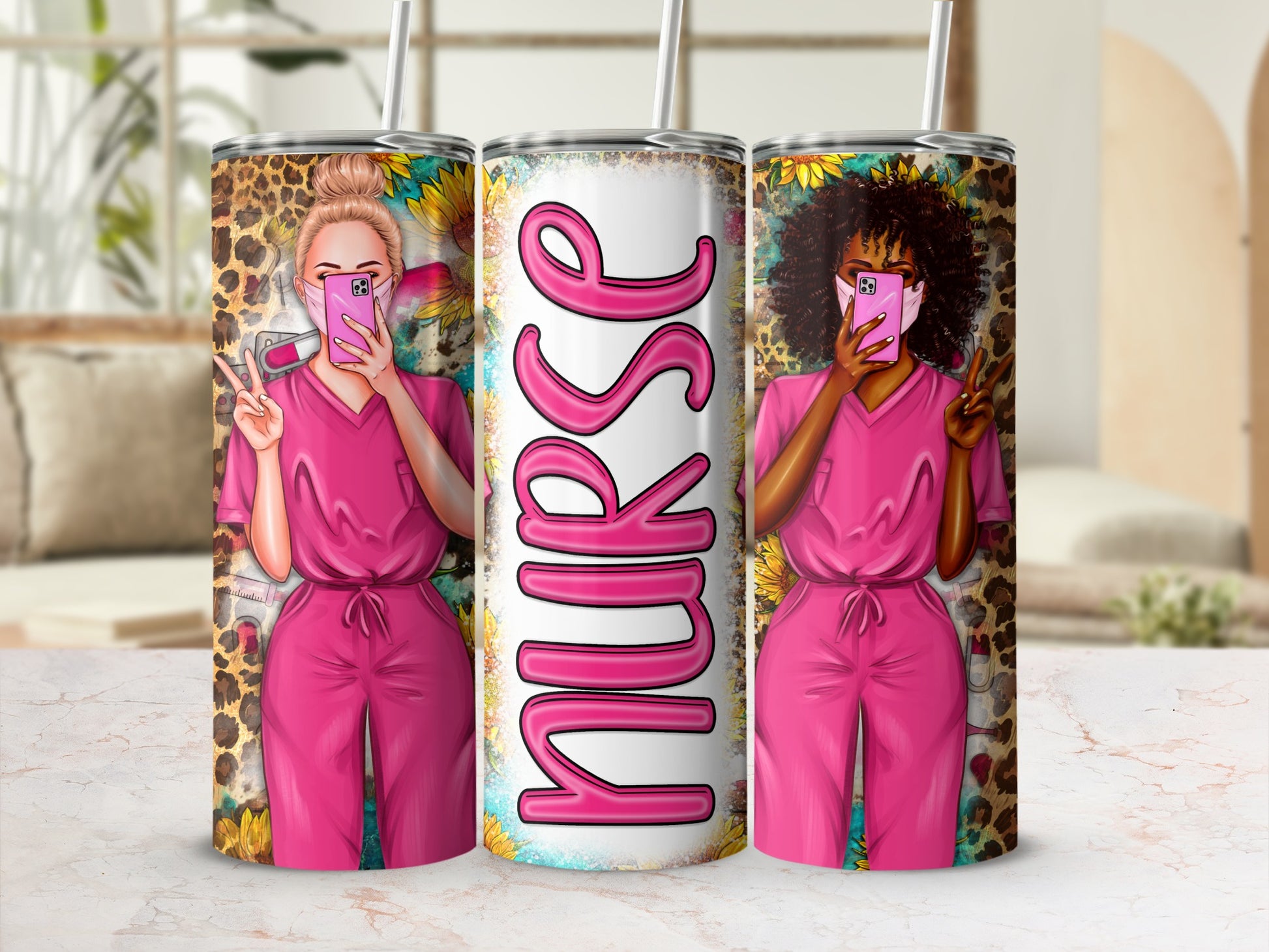Pink nurse tumbler with leopard print and sunflower details.