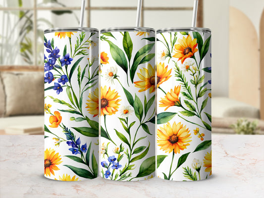White tumblers with watercolor sunflower and blue floral designs.