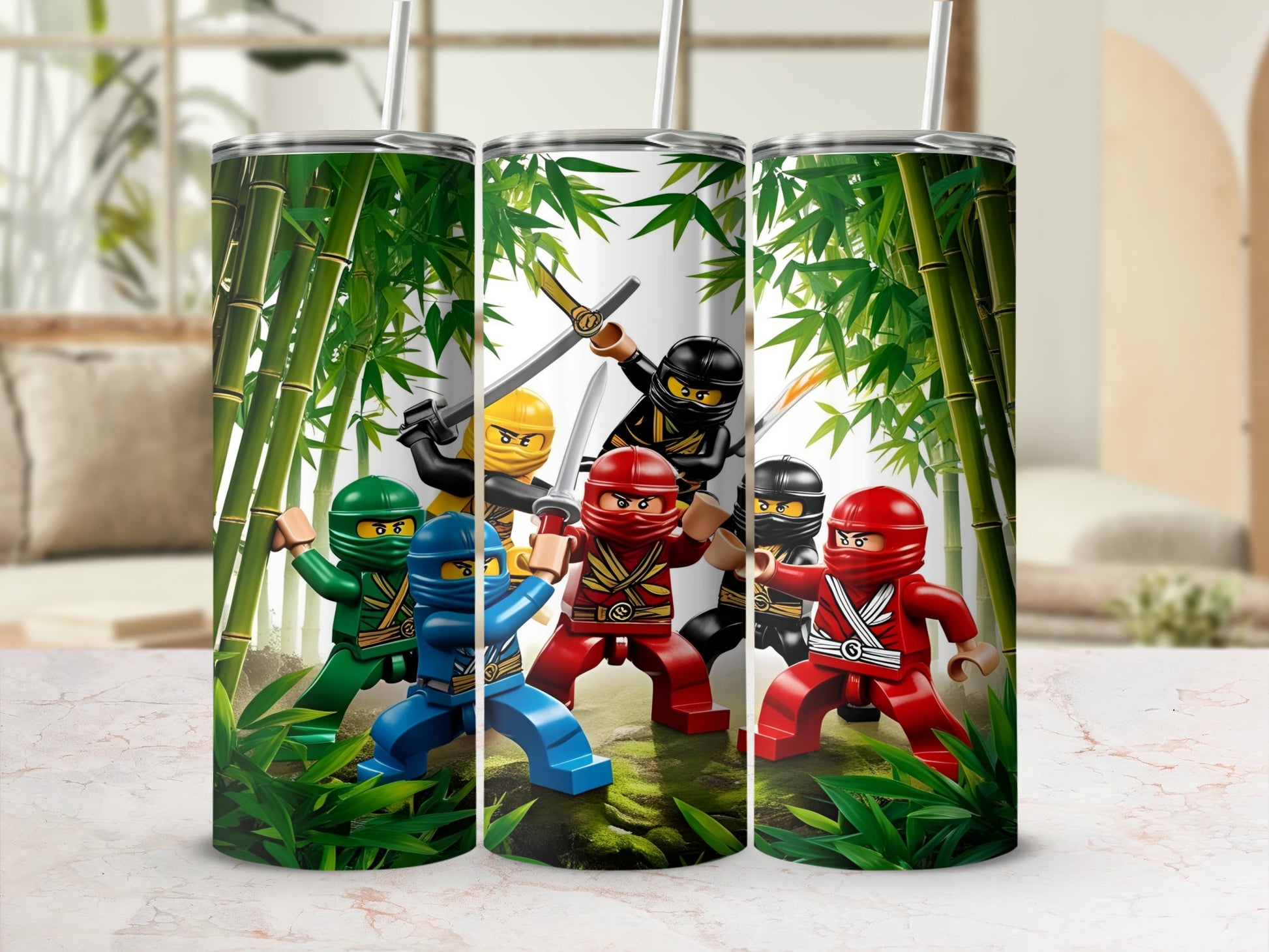 Ninjago characters in action poses with bamboo and cityscape background.