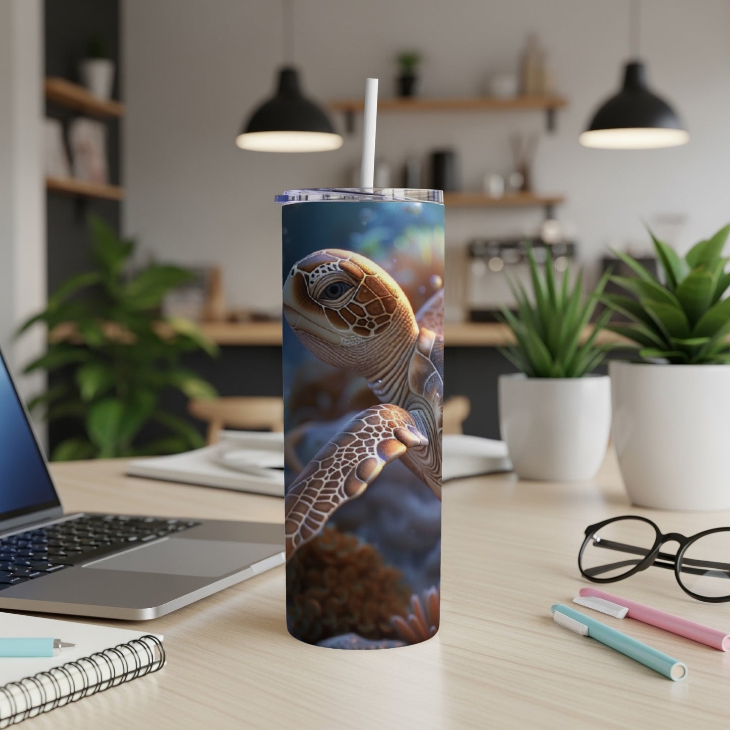 Sea turtle on coral reef with straw in a tumbler.