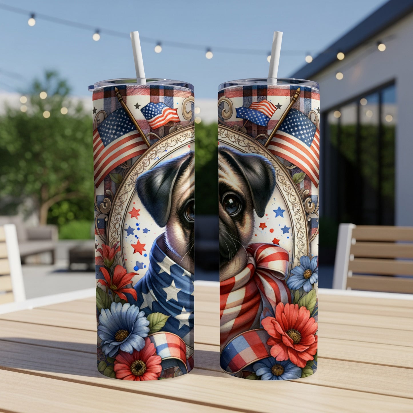 Two patriotic tumblers featuring a pug wearing a bandana and surrounded by flowers.