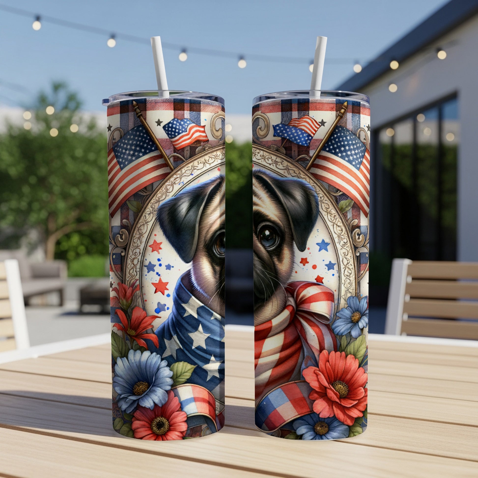 Two patriotic tumblers featuring a pug wearing a bandana and surrounded by flowers.