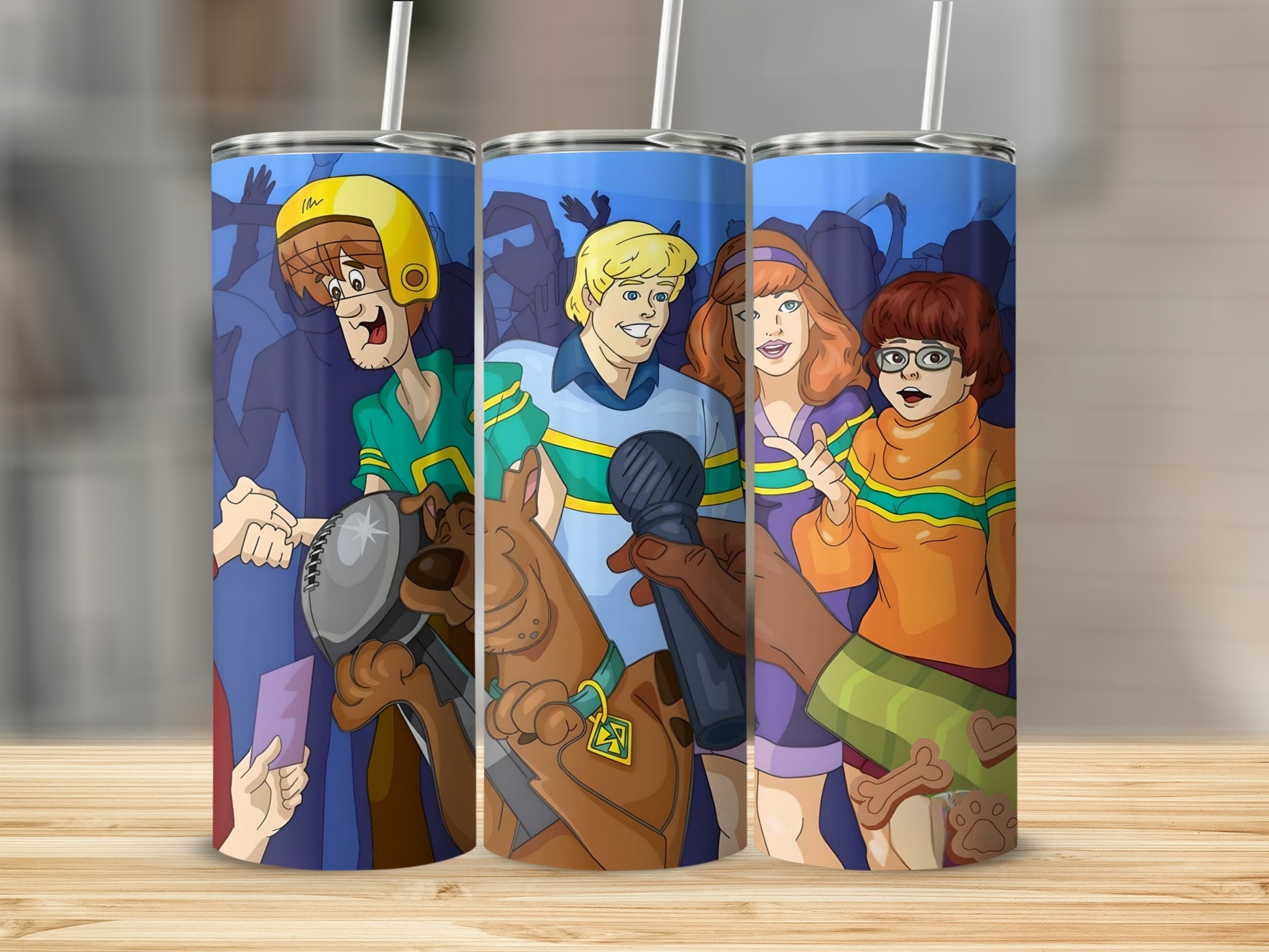 Scooby-Doo characters, Shaggy, Scooby, Daphne, and Velma, holding microphones.