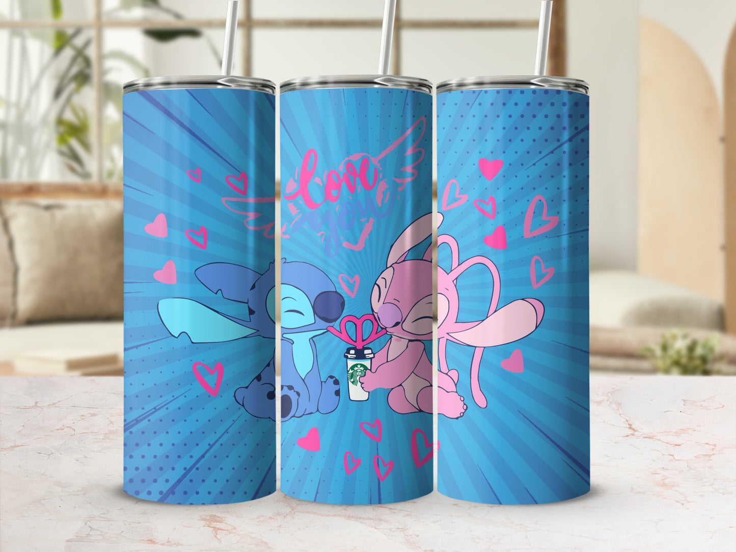 Cute Blue and Pink Cartoon Characters Tumblers