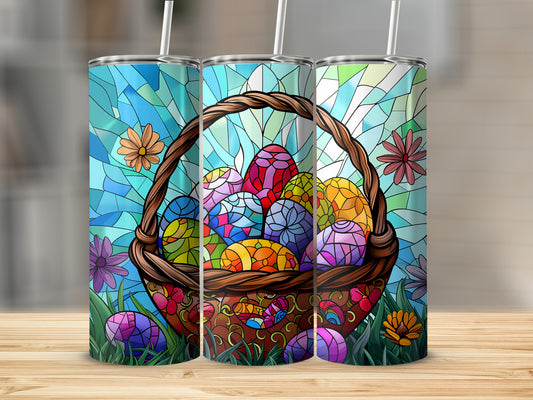 Easter eggs in a basket with stained glass background and flowers.