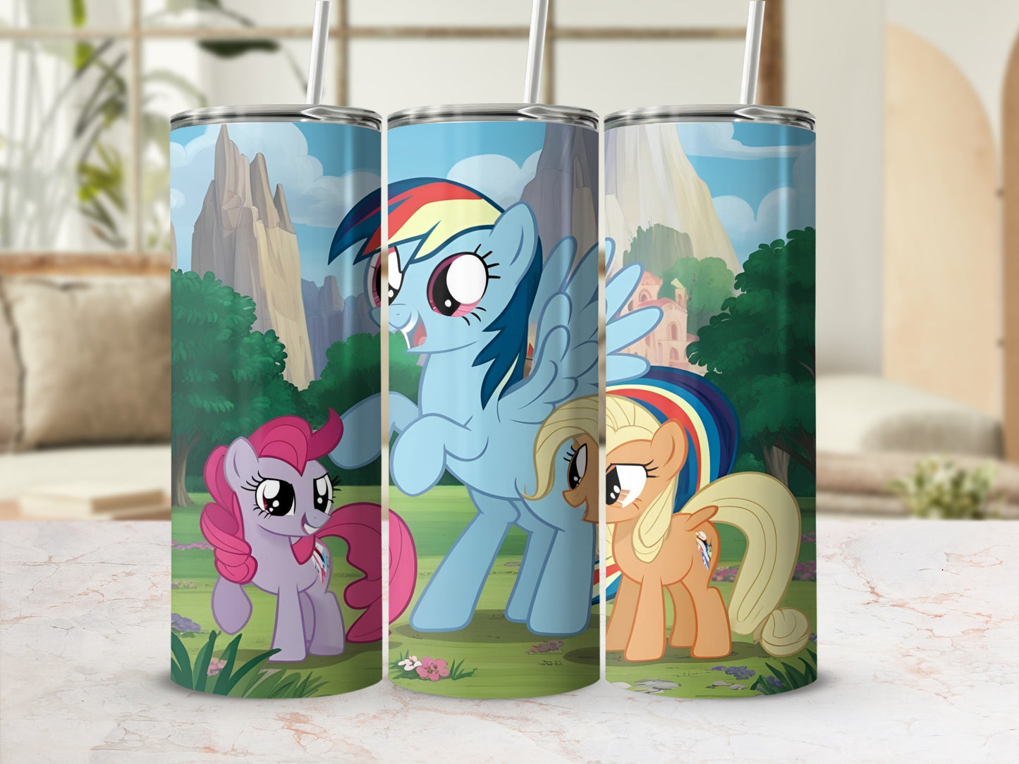Three My Little Pony characters, Pinkie Pie, Rainbow Dash, and Applejack, on tumblers.