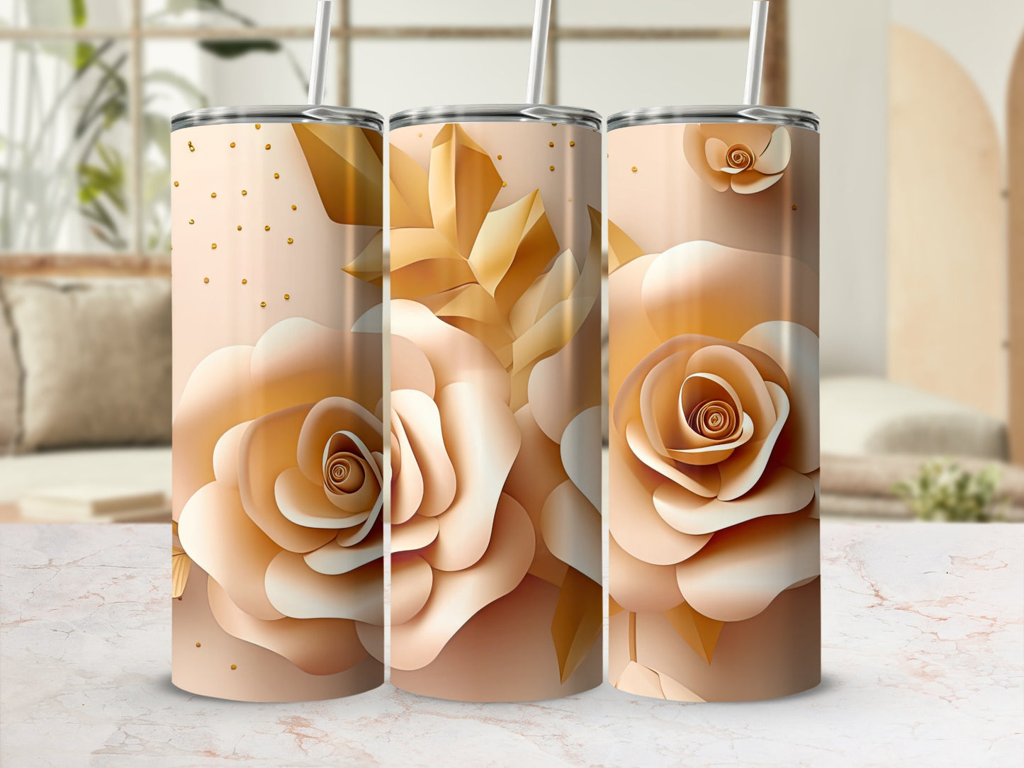 Elegant Beige Floral Design Tumbler Cup with Straw