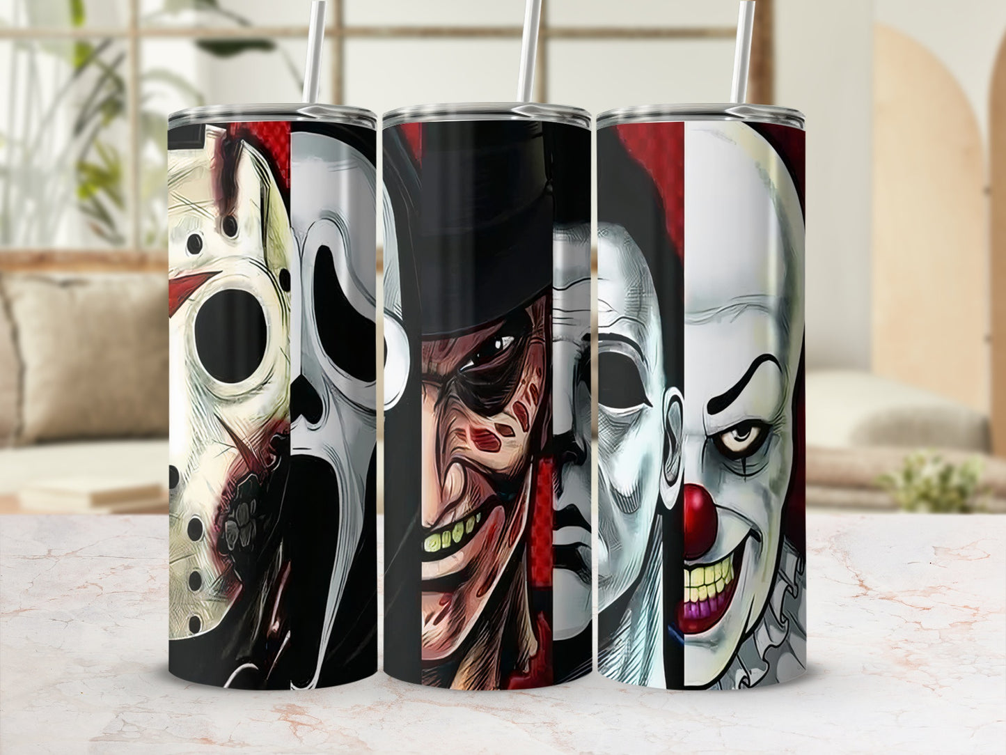 Tumblers with horror movie villains: Jason Voorhees, Ghostface, Freddy Krueger, Michael Myers, and Pennywise.