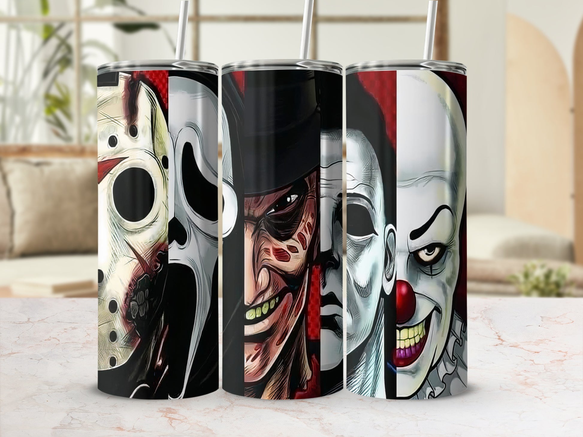 Tumblers with horror movie villains: Jason Voorhees, Ghostface, Freddy Krueger, Michael Myers, and Pennywise.