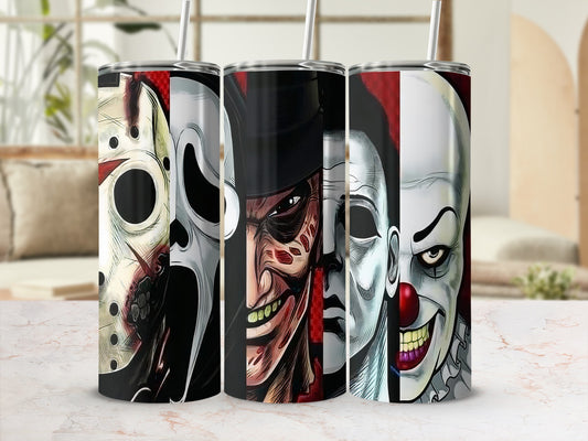 Tumblers with horror movie villains: Jason Voorhees, Ghostface, Freddy Krueger, Michael Myers, and Pennywise.