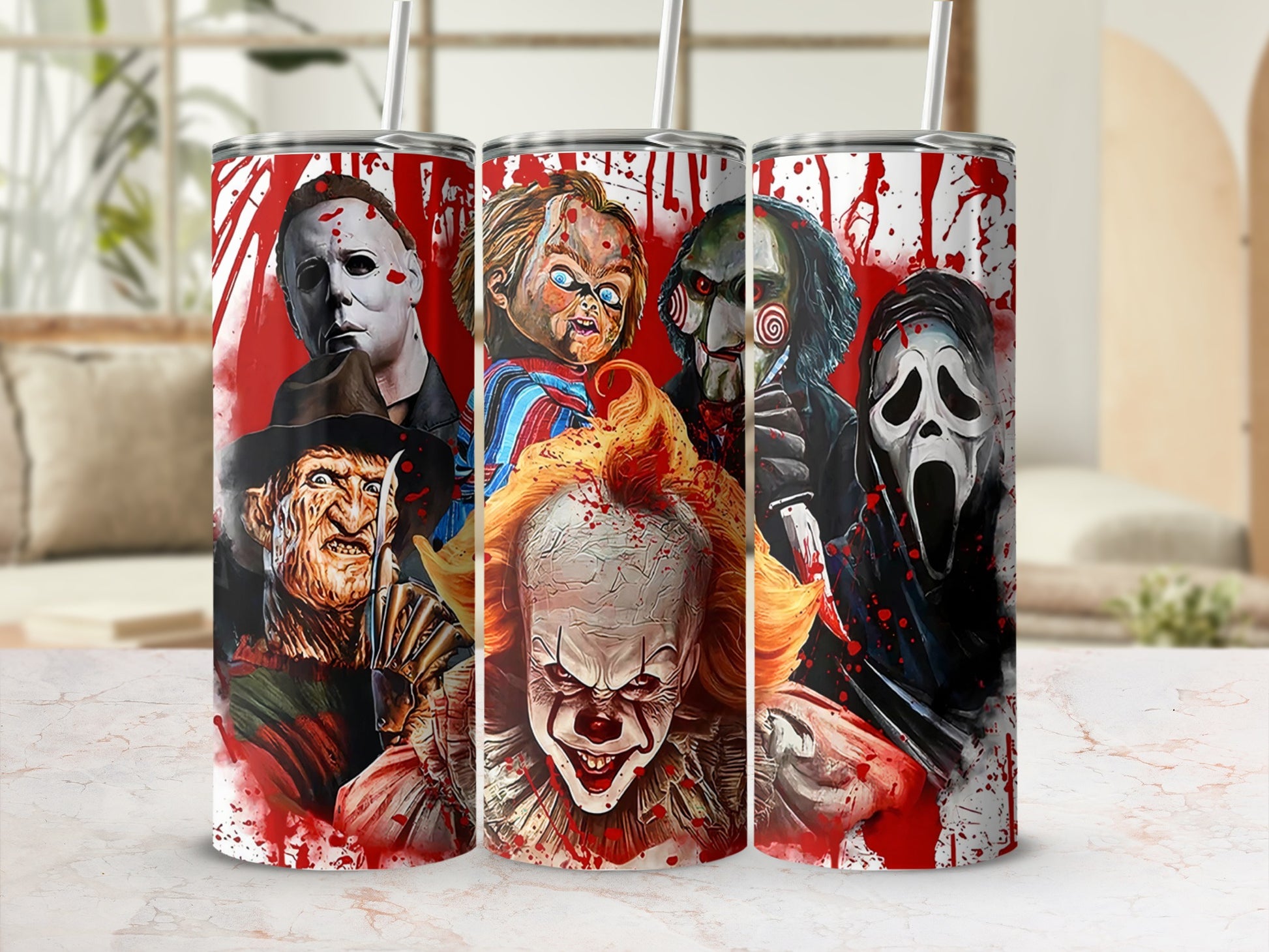 Horror movie characters on tumblers with red paint splatters.