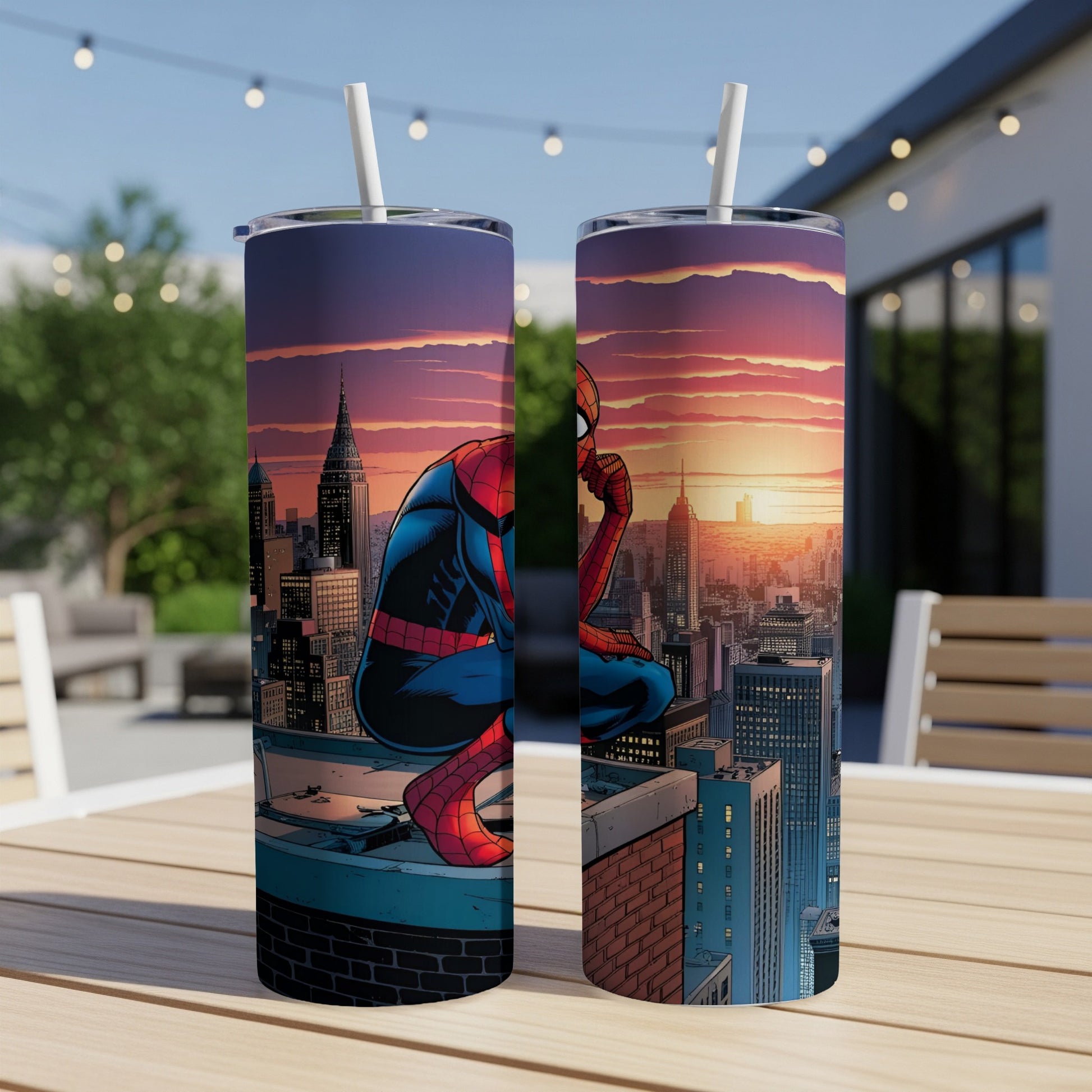 Spiderman sitting on a rooftop overlooking a cityscape at sunset.