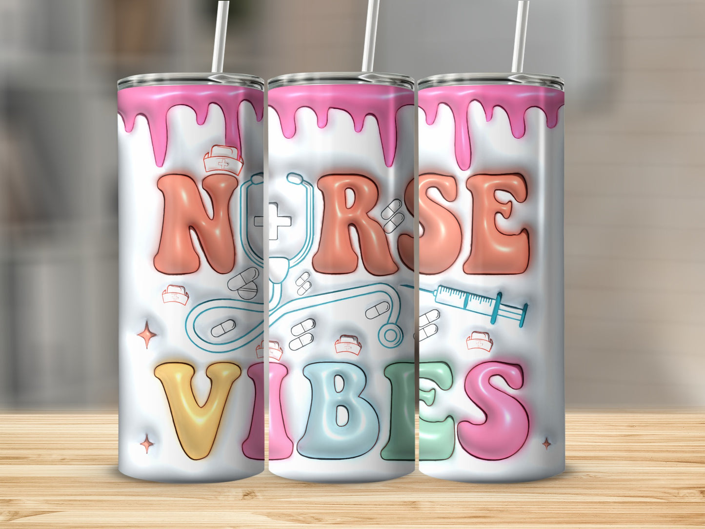Nurse Vibes tumbler with stethoscope, syringe, and pills.