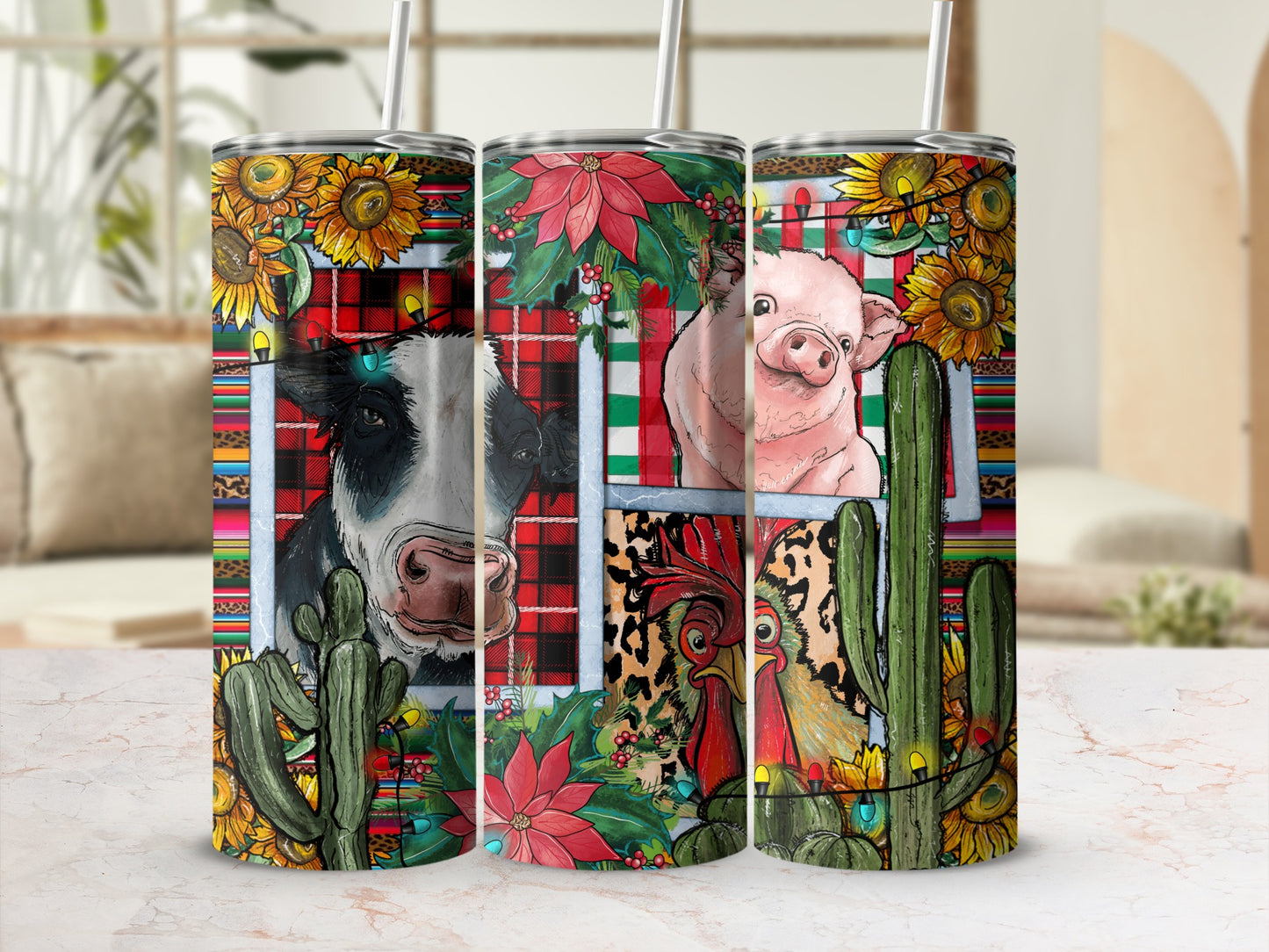 Tumbler with cow, pig, and rooster designs, sunflowers, poinsettias, and lights.