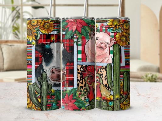 Tumbler with cow, pig, and rooster designs, sunflowers, poinsettias, and lights.