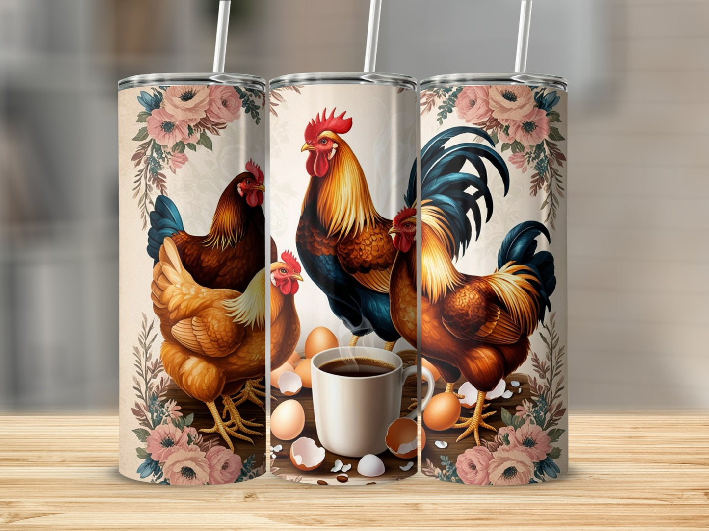 Colorful Rooster and Hen with Floral Background tumbler