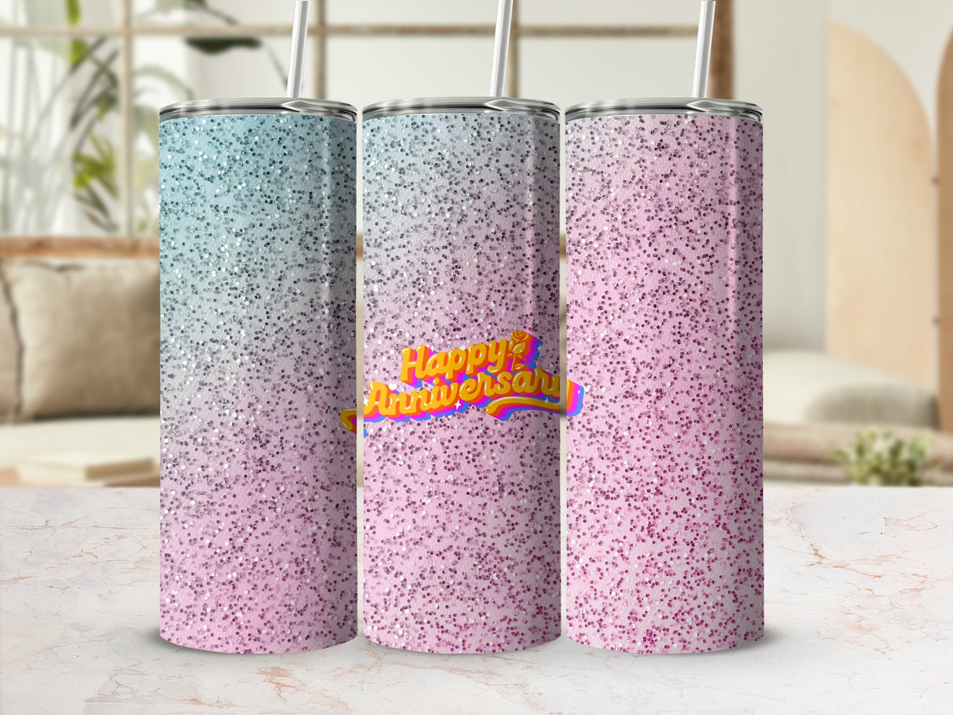Glittery tumbler with "Happy Anniversary" text in a rainbow gradient.