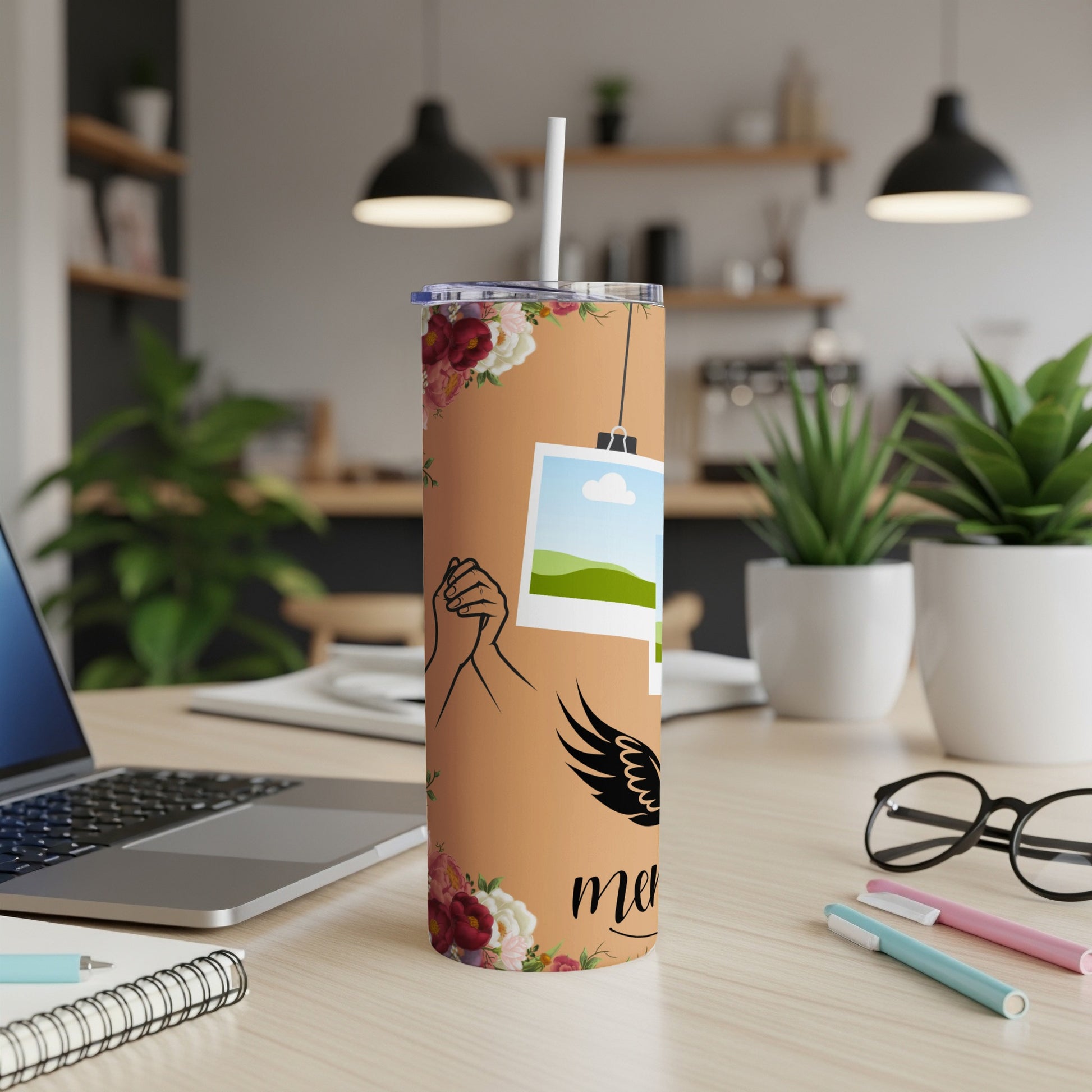 Peach tumbler with floral accents, praying hands, angel wing, and photo frame graphic.