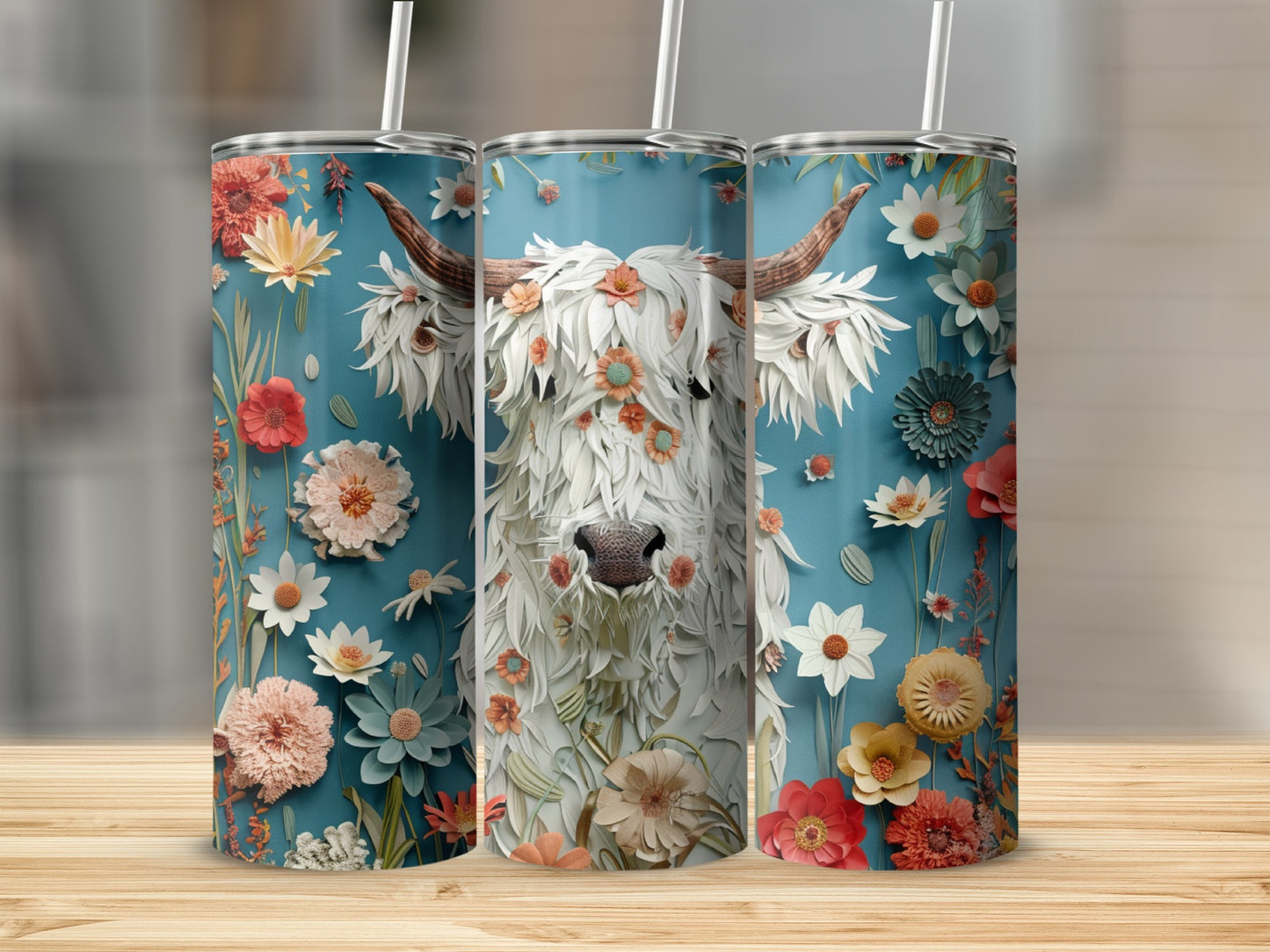 Highland cow with floral accents on a blue textured tumbler.