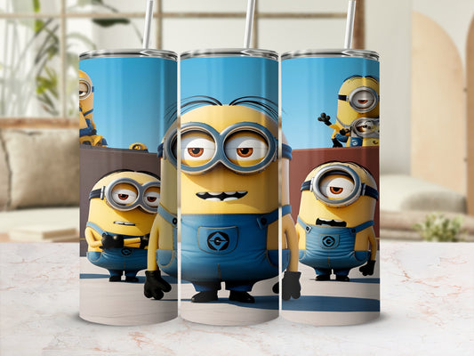 Three Minions in blue overalls stand in front of a blurry background.