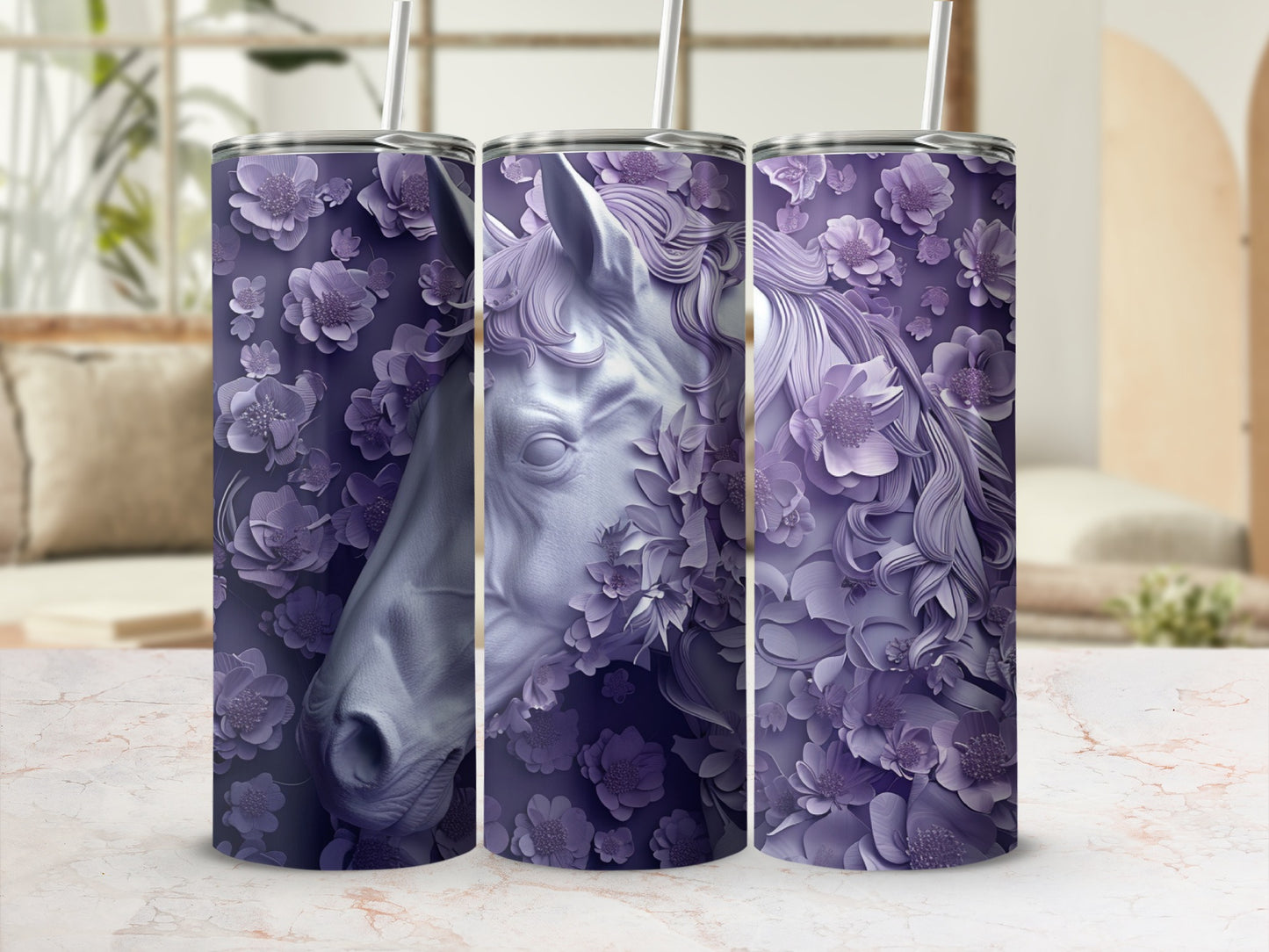 Purple floral horse tumbler design.