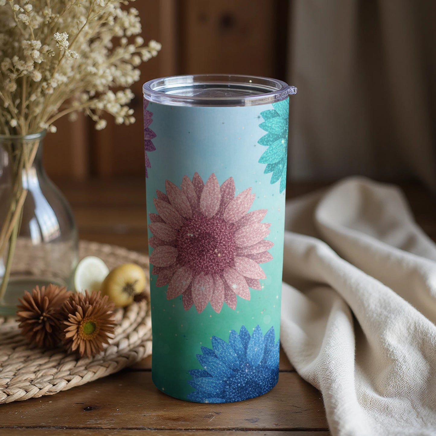 Colorful Gradient Floral Travel Tumbler with Lid