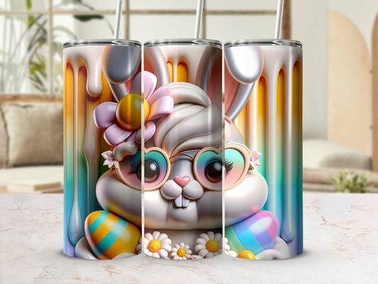 Cartoon bunny with sunglasses and Easter eggs on a tumbler.