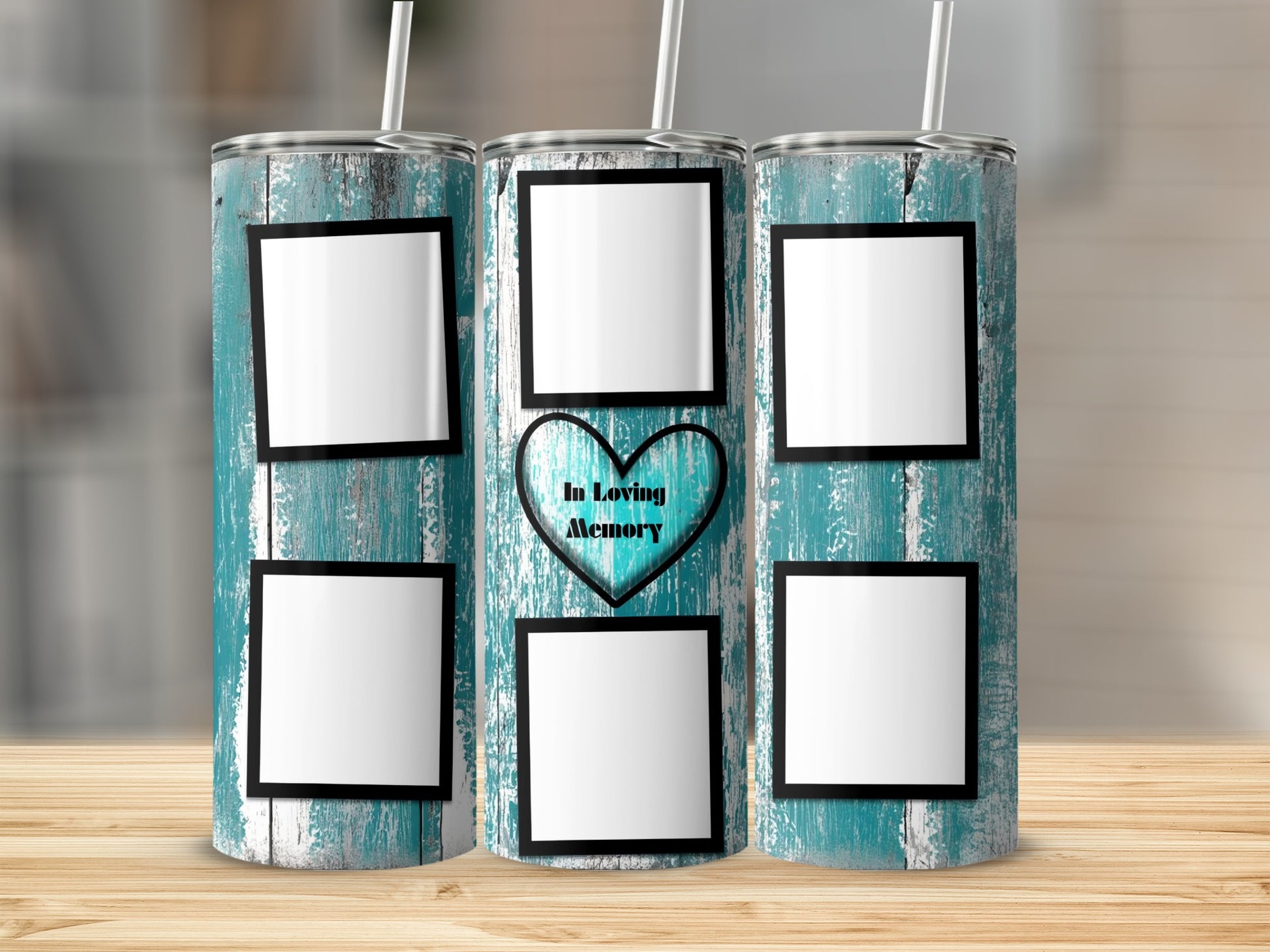 Triple tumbler with distressed teal wood design and blank photo frames, "In Loving Memory" text.