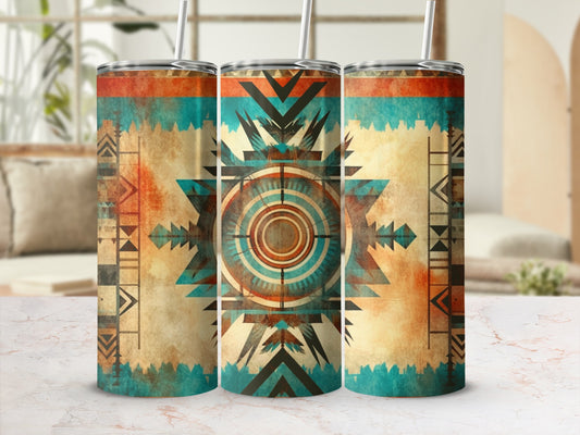 Three tumblers with geometric Southwestern-inspired patterns.