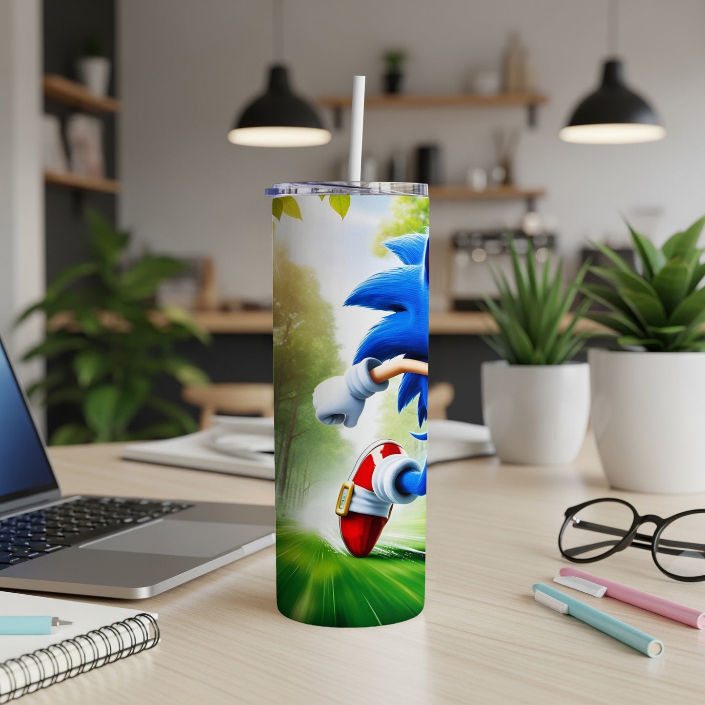 Sonic the Hedgehog on a green, blurred background with a white lid and straw.