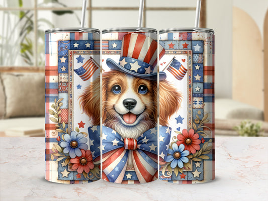 Happy dog in patriotic hat, stars, and stripes tumbler.