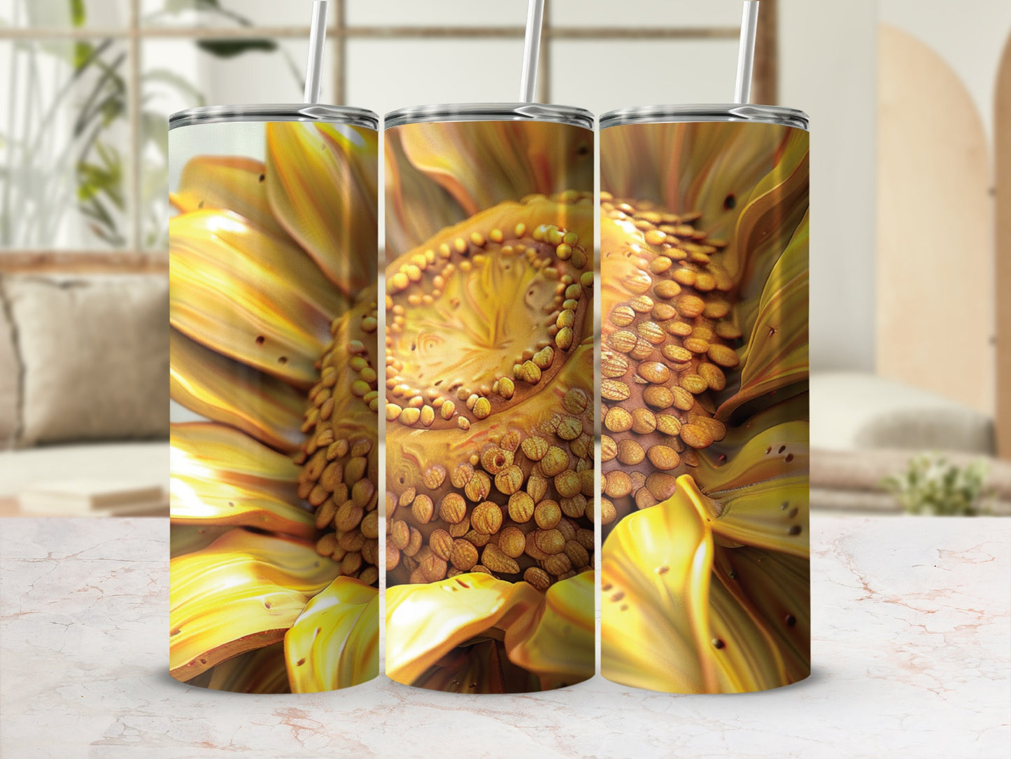 Three tumblers featuring a close-up, realistic sunflower bloom design.