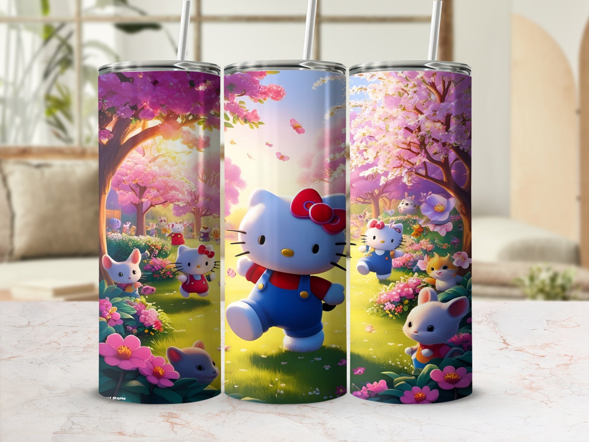 Hello Kitty and friends walking through a cherry blossom park.