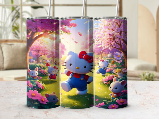 Hello Kitty and friends walking through a cherry blossom park.