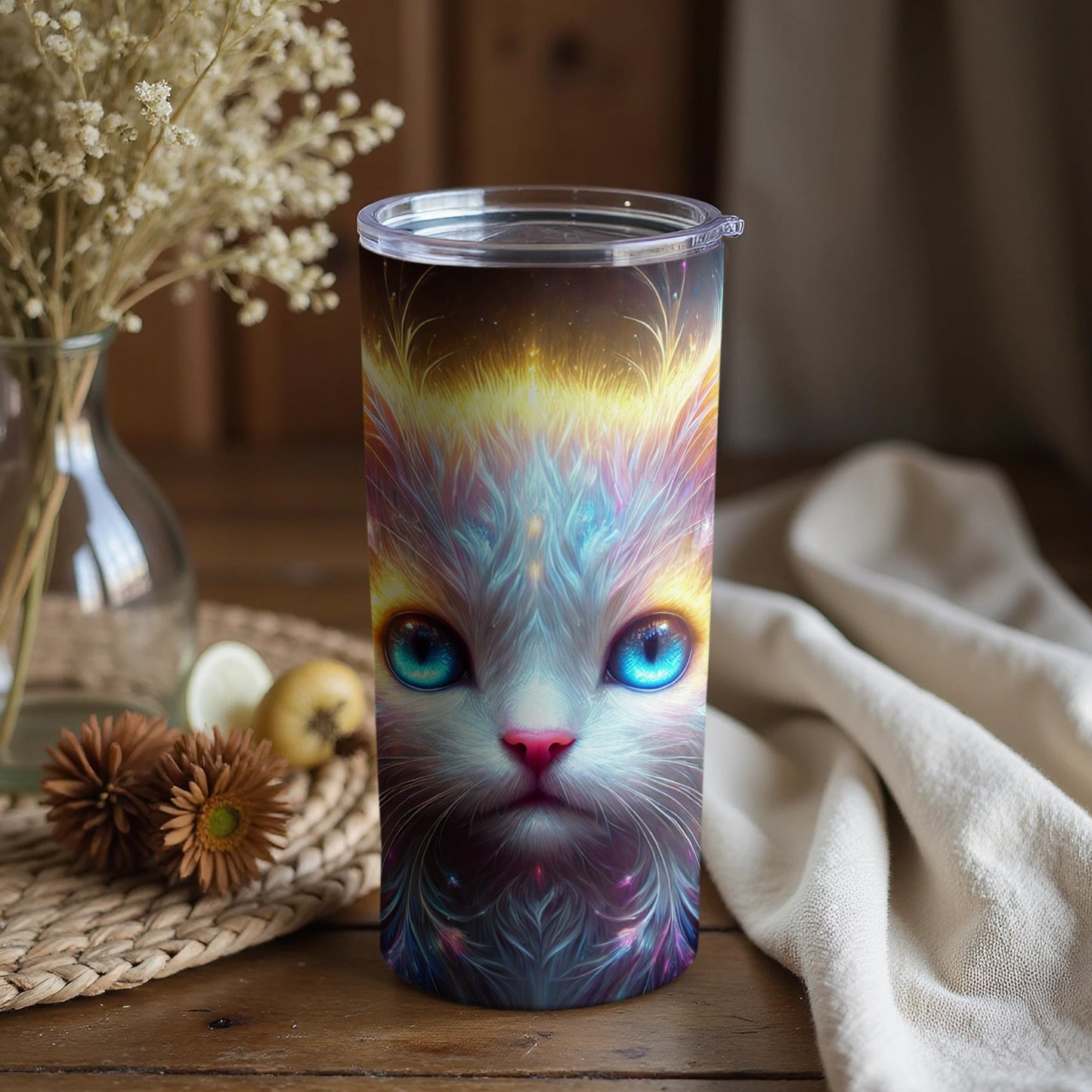 Vibrant Cat Illustration Tumbler with Bright Blue Eyes