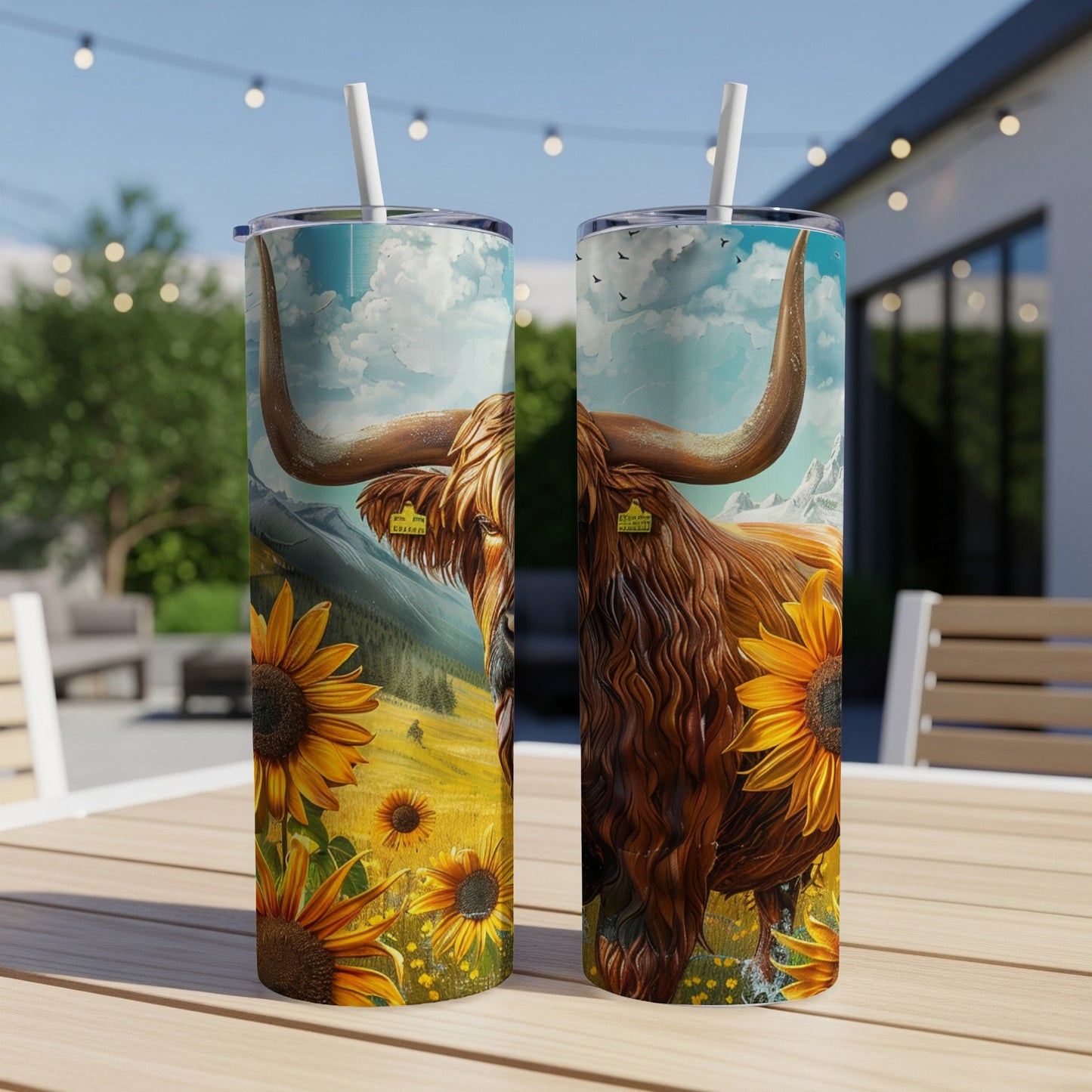 Highland cow and sunflowers on a patterned skinny tumbler.