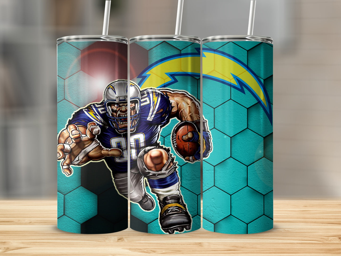 Football Player Charger Logo On Hexagon Background Tumblers
