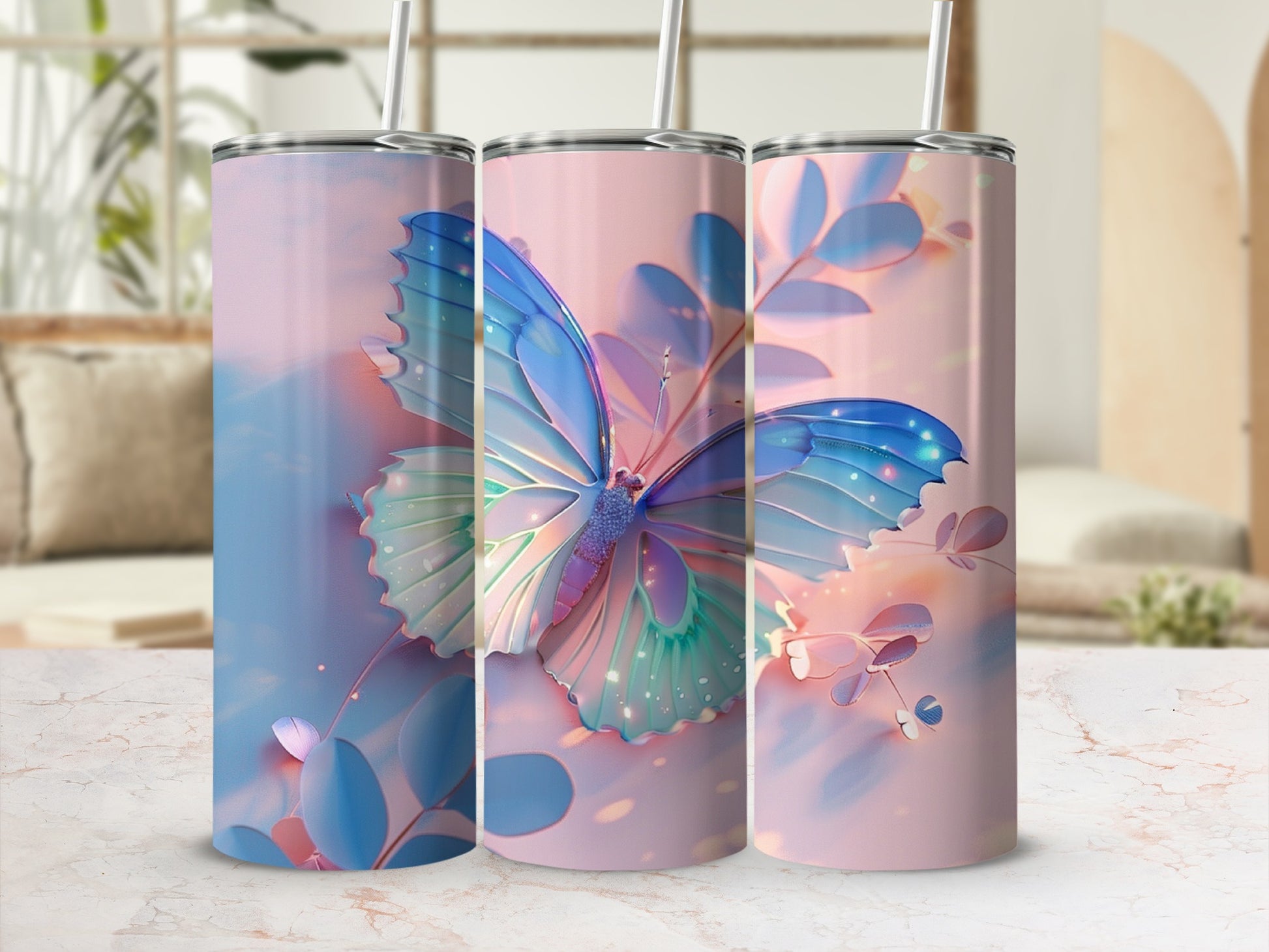 Pink tumbler with butterfly and floral design.